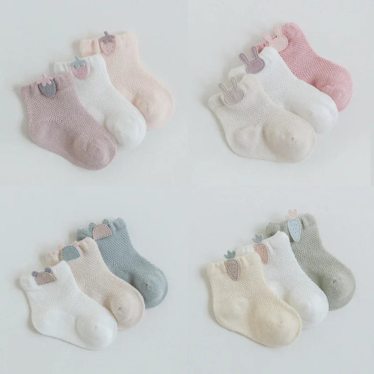 3 Pairs Infant Baby Socks for Girls or Boys Thin Cotton Breathable Mesh Cute Accessories Unisex