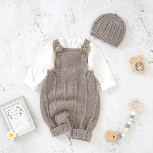 Fashion Sleveless Knitted Baby Unisex Rompers & Hat Set