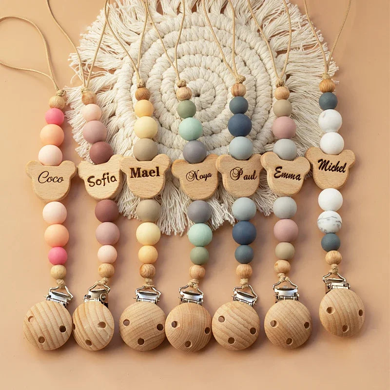 Wooden Baby Pacifier Chain Silicon Teether Holder Pendant