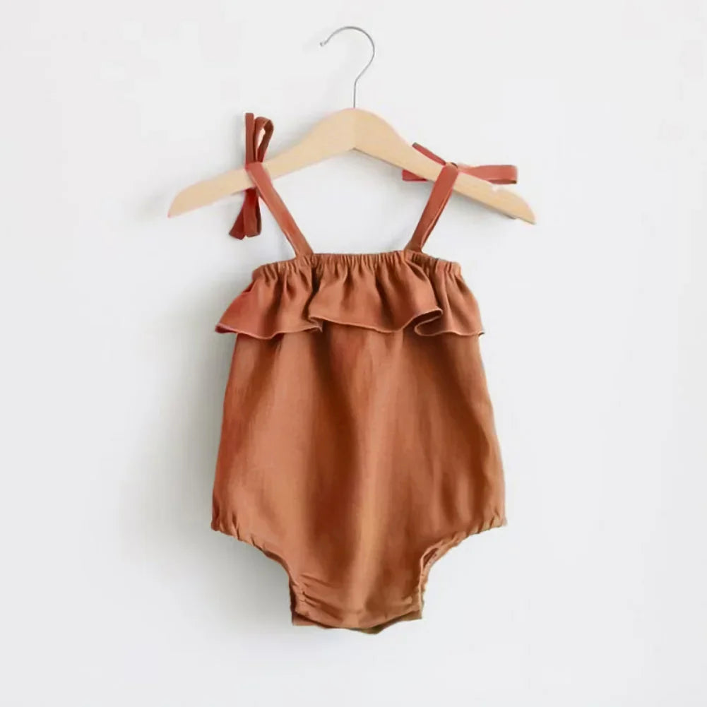 Baby Girls Solid Cotton Rompers Ruffles Slip Strap Kids