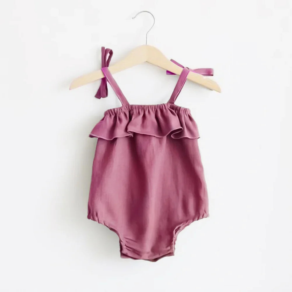 Baby Girls Solid Cotton Rompers Ruffles Slip Strap Kids