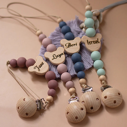 Wooden Baby Pacifier Chain Silicon Teether Holder Pendant